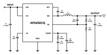 アプリケーション回路図 - Diodes Incorporated AP6450xQスイッチング電圧レギュレータ
